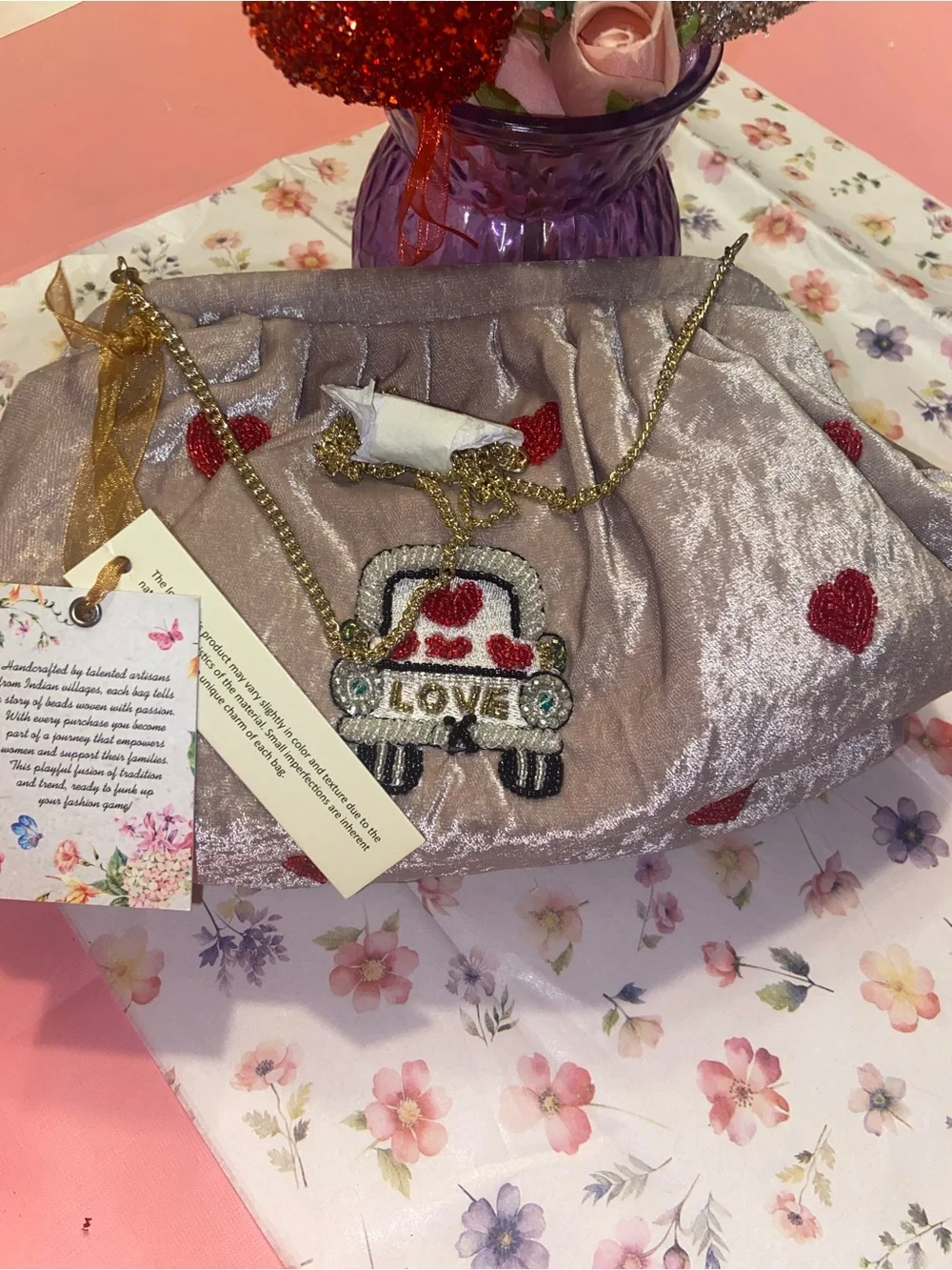 Hand Crafted Pink Velvet Embroidered Bridal Clutch